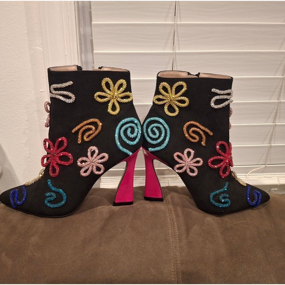 Betsey Johnson Black Ankle Boots with Multicolor Embellishments - Picture 7 of 14